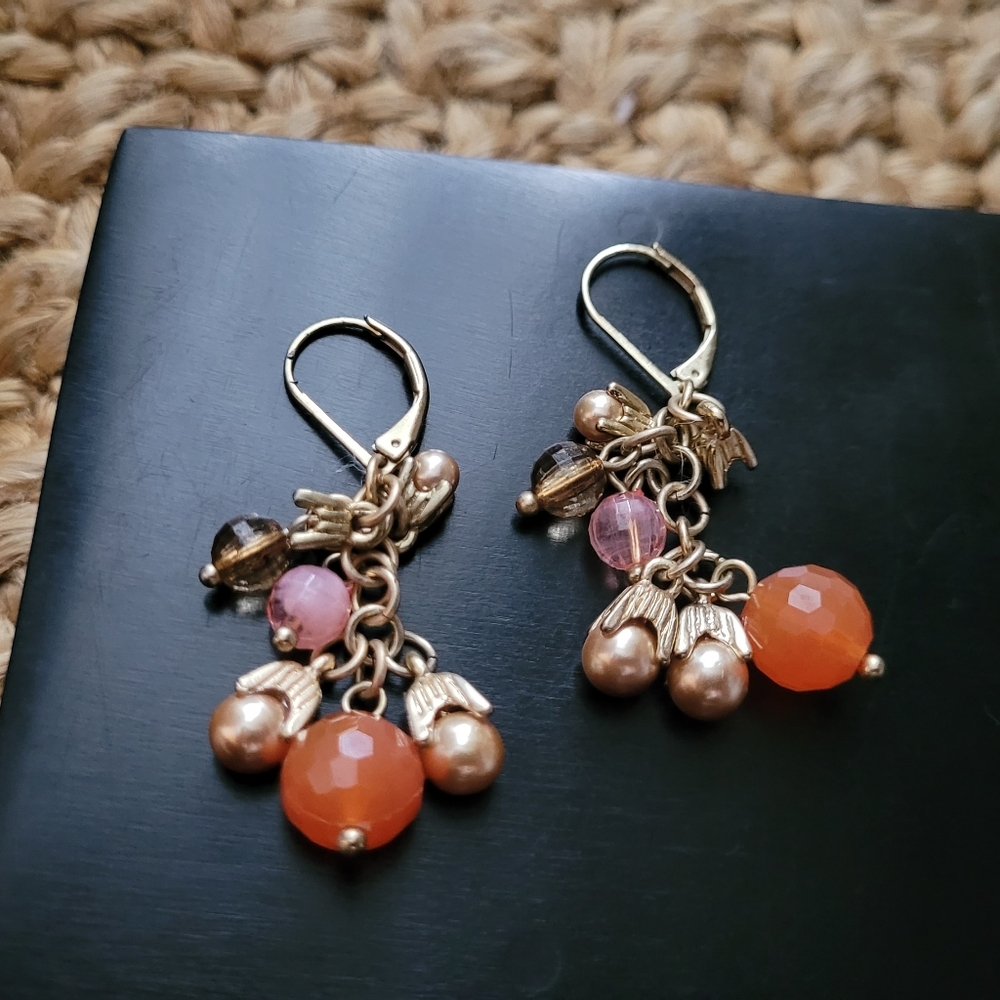 Feminine Warm Beaded Cluster Dangle Earrings, Gold, Peach & Soft Pink